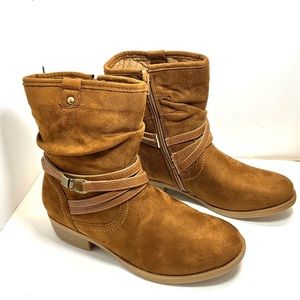 Mid Calf Boot Slouchy Bootie with Side Zipper Buckle Strap